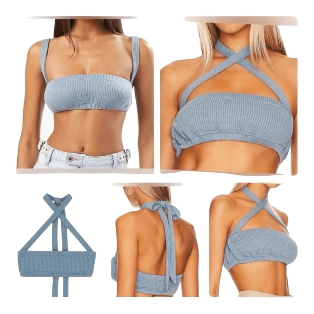 WeWoreWhat Halter Bra Top in Storm Size Medium, ribbed knit fabric & elastic - Picture 5 of 10